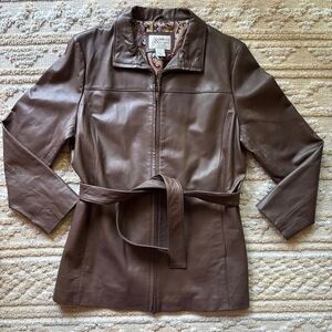Madison & Max Genuine Leather Trench Coat Brown Longline Belted Paisley XL